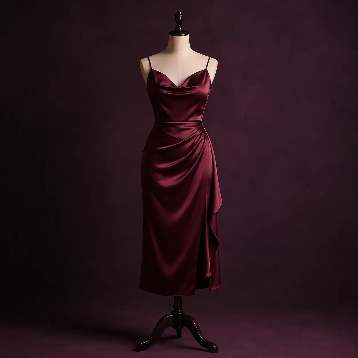 Vestido midi satinado color borgoña